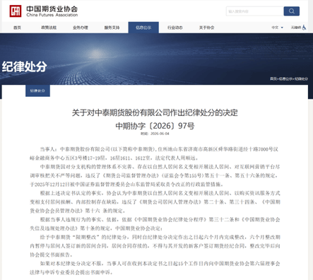 中泰期货被中国期货业协会纪律处分
