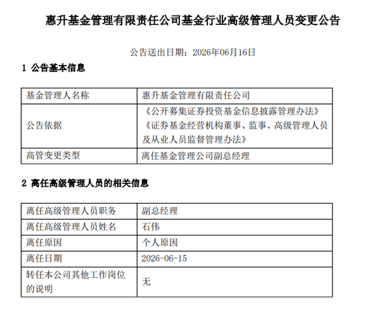 惠升基金:副总经理离任,在管规模保持平稳